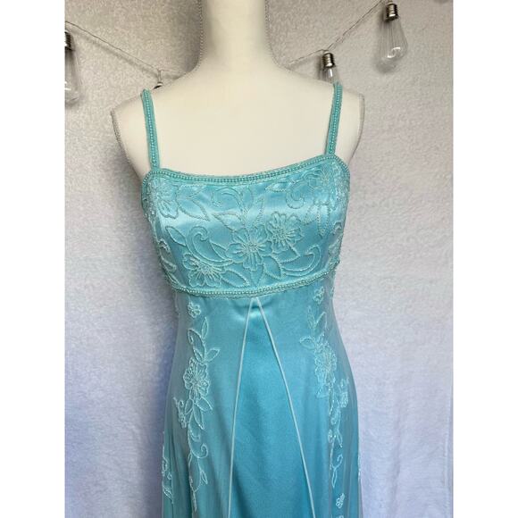 Vintage 90's Cach'e Blue Beaded Floral Maxi Princess Gown Dress Medium - Picture 2 of 13